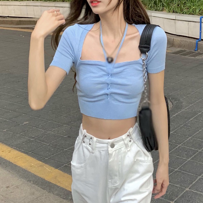 Áo Croptop Dệt Kim Cổ Vuông Màu Sắc Đơn Giản Cho Nữ