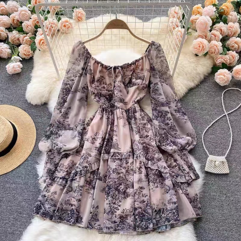 Đầm kiểu Perty tay dài họa tiết hoa phong cách retro thời trang cho nữ