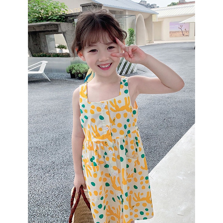 Váy 2 dây bé gái bản to đầm bé gái họa tiết ngựa Pony vàng tươi size nhỡ G16