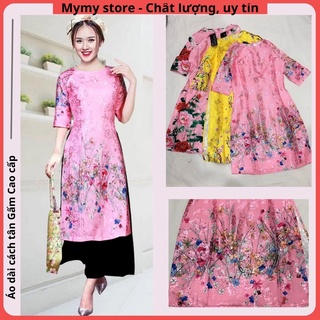 Áo dài cách tân nữ tết, áo dài gấm hoa cao cấp cổ tròn tay lỡ in họa tiết hoa cỏ mùa xuân siêu đẹp không kèm quần