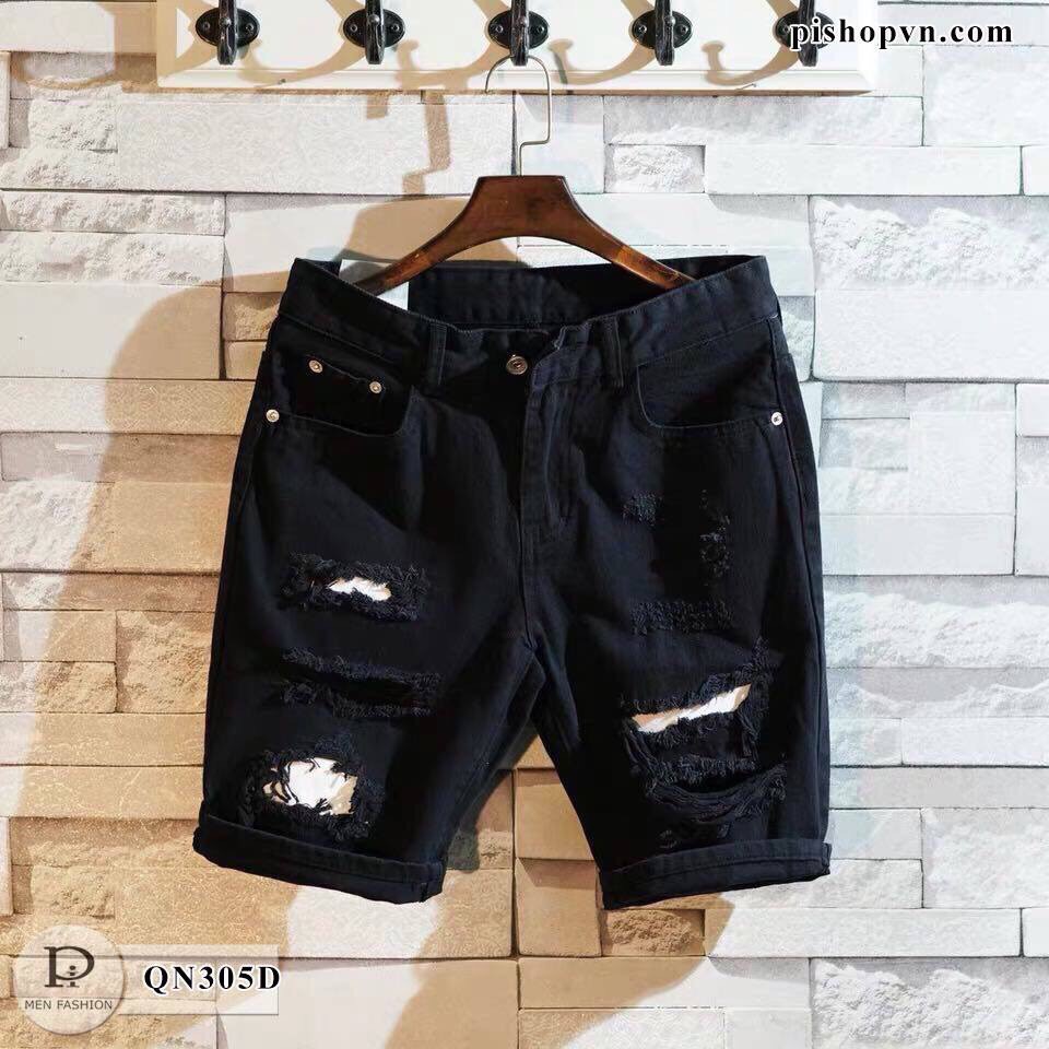 Quần short nam jean đen rách co giãn cao cấp thêu logo vải dày đẹp mẫu mới nhất AHFASHION