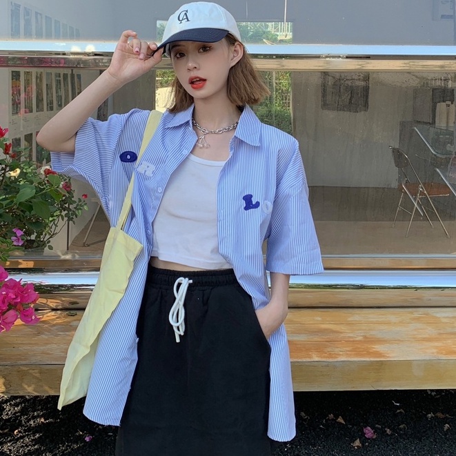 SUXI Áo Sơ Mi Tay Ngắn Dáng Rộng Họa Tiết Kẻ Sọc In Chữ Kiểu Hàn Quốc Thời Trang Mùa Hè Cho Nữ