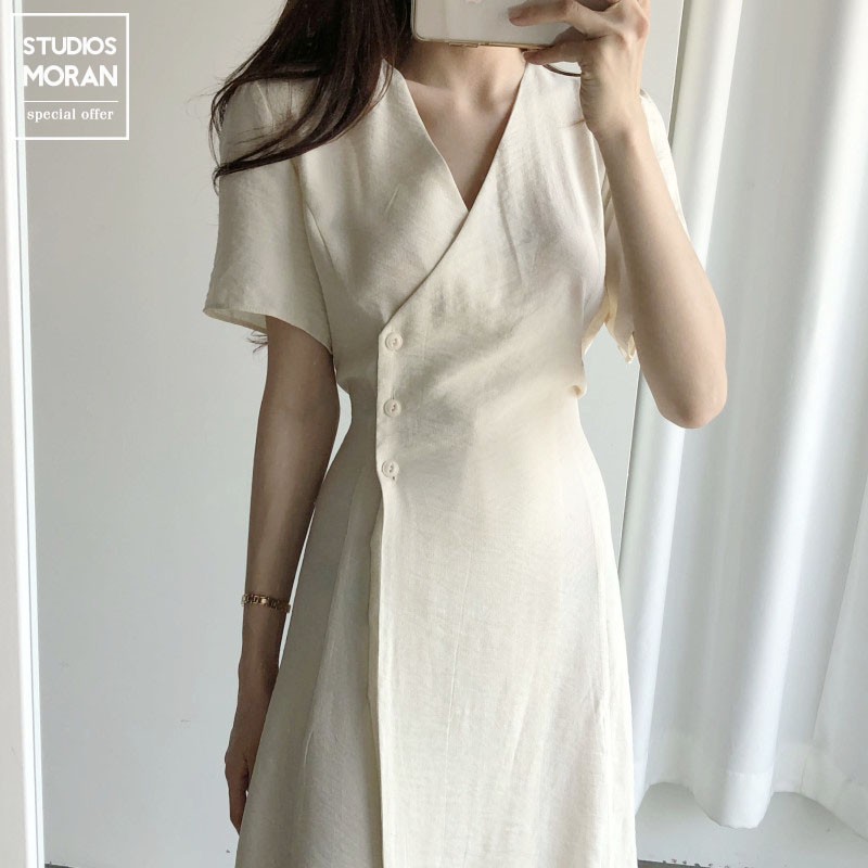 (ORDER) Váy cotton MORAN dáng dài cộc tay cổ V thắt eo chéo tà đơn giản nhẹ nhàng Vintage Hàn Quốc