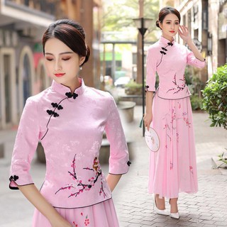 Set Áo Tay Dài Và Chân Váy Phong Cách Sườn Xám Trung Hoa Dành Cho Nữ