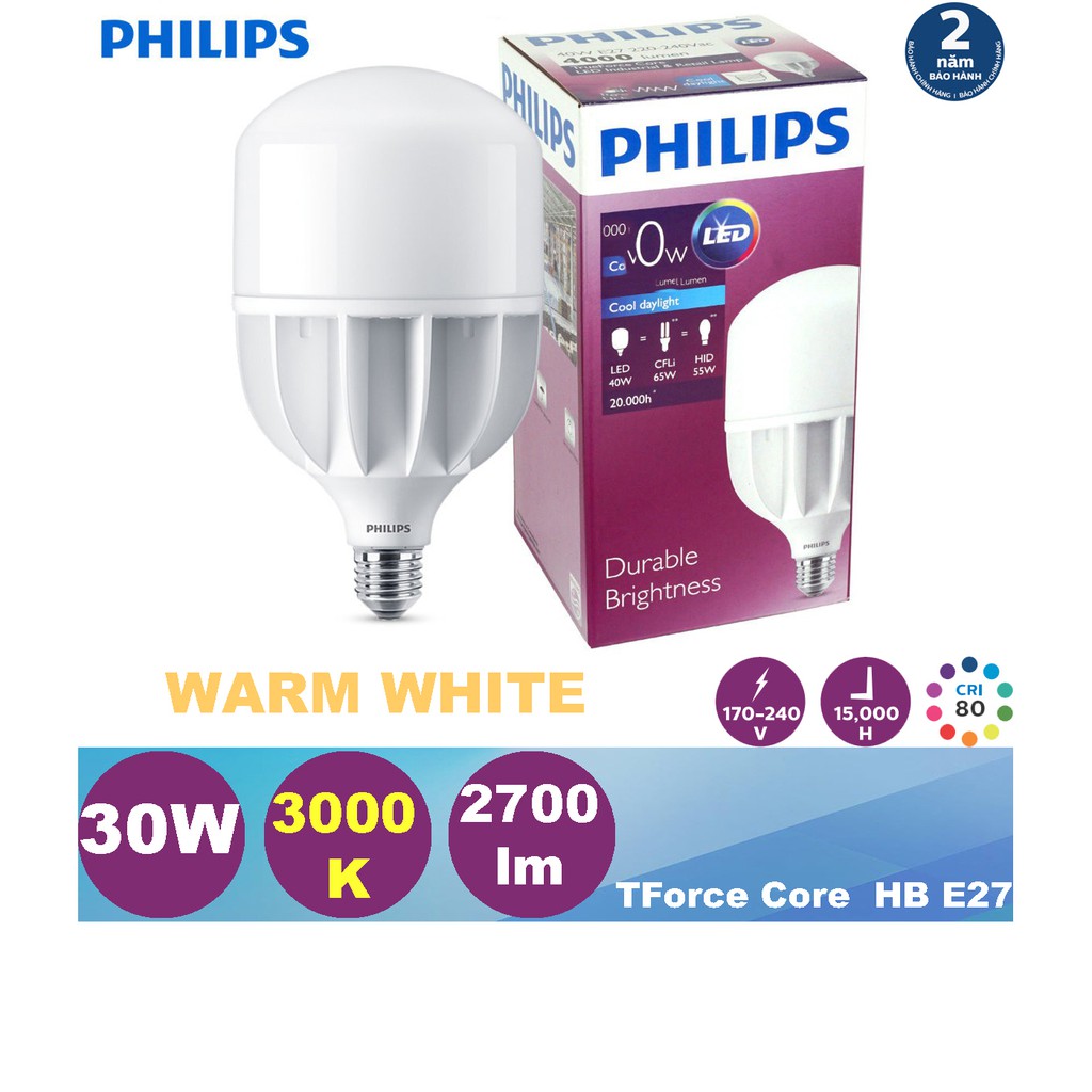 Bóng đèn LED bulb Philips Hi-lumen TForce Core HB 30W 3000K E27 (Ánh sáng vàng)
