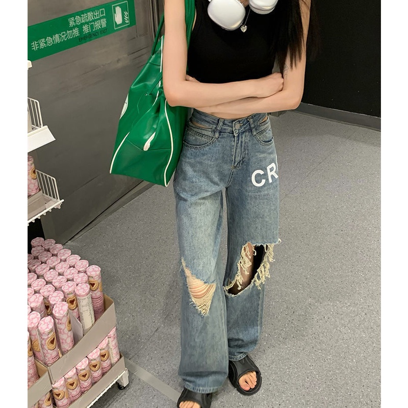 Quần Jeans Nữ Lưng Cao Ống Rộng Rách Gối Thời Trang