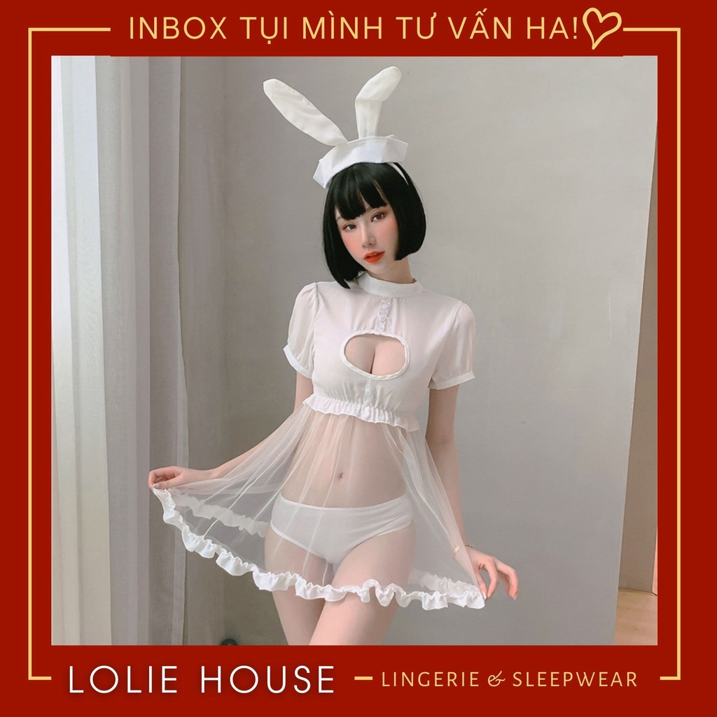 Cosplay thỏ sexy dáng váy đầm ngủ xuyên thấu có quần lót cục bông bờm tai thỏ  LOLIE HOUSE - CP50