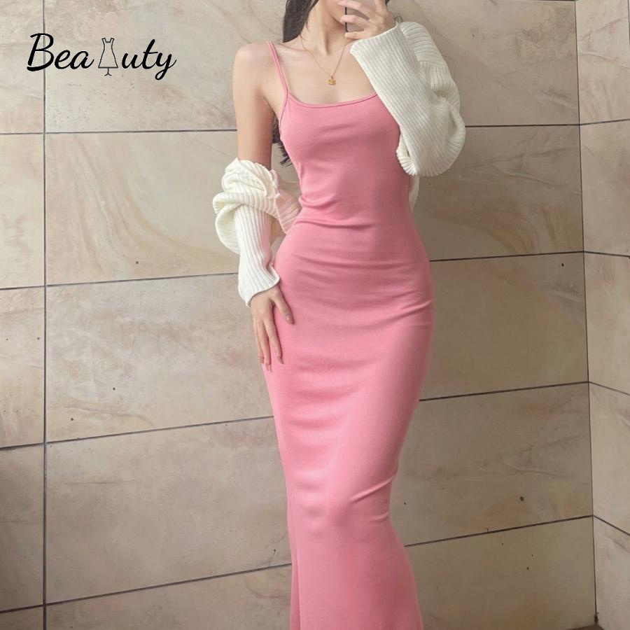 [MURIOKI] Đầm Dài Đuôi Cá Ôm Dáng Màu Đen / Hồng Quyến Rũ Hợp Thời Trang Cho Nữ