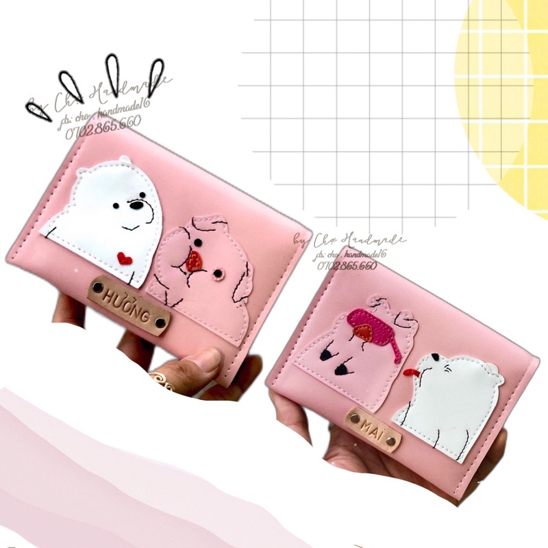 (chat chốt tên- chọn màu) ví tiền mini hình con gấu, bóp nhỏ gọn con heo gấu