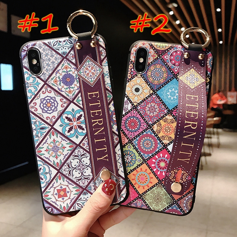 Ốp lưng họa tiết hoa Vintage kèm đai cổ tay xinh xắn cho iPhone 11Pro Max 6 6S 7 8 Plus XS Max XR