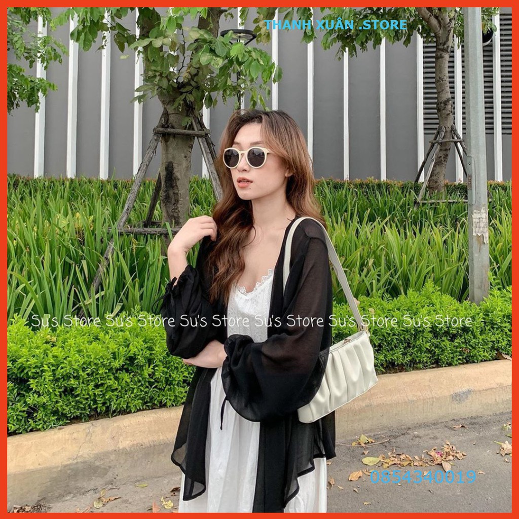 ÁO KHOÁC VOAN TAY BUỘC NƠ ĐEN TRẮNG - ÁO CADIGAN VOAN LỤA MỎNG KHOÁC NGOÀI RÚT DÂY ULZZANG 👗 💝 - TXShop