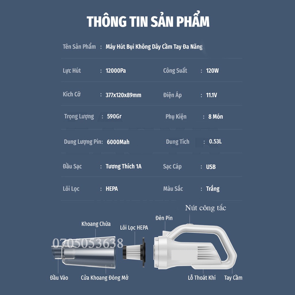 Máy hút bụi cầm tay mini JIASHI hút bụi giường, ô tô không dây lực hút 12000PA hút liên tục 20 phút Full p