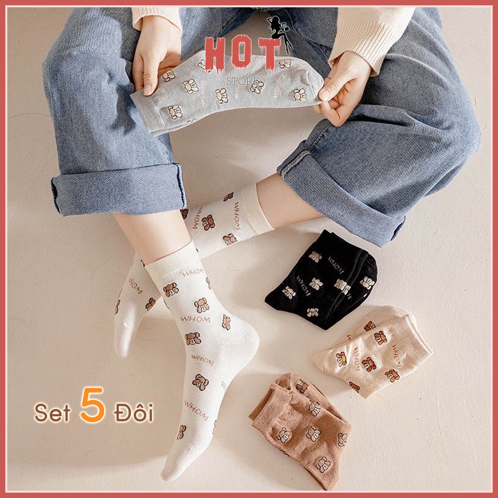 Tất cổ cao nữ họa tiết hình gấu dễ thương, set vớ chất vảo cotton thoáng khí - Hot Store