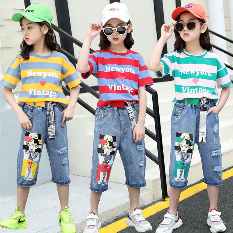 Áo thun sọc ngang + Quần jeans năng động cho bé gái 3-14 tuổi