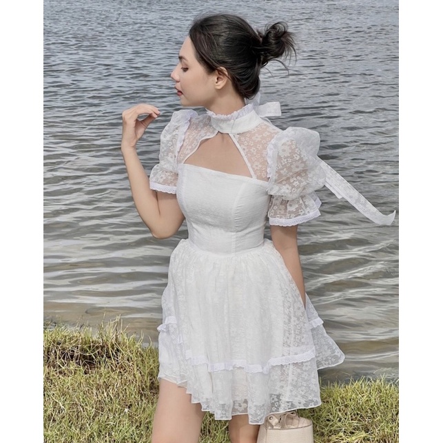 ĐẦM TRẮNG PHỐI VOAN HOA NỔI CUTOUT NGỰC CỘT NƠ SAU