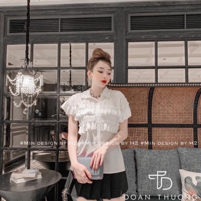 Áo sơmi trắng nhún bèo tầng ngắn tay đính ngọc xinh xẻo xa hoa A116 Nội Y Xanh hàng đẹp trendy - nội y xanh