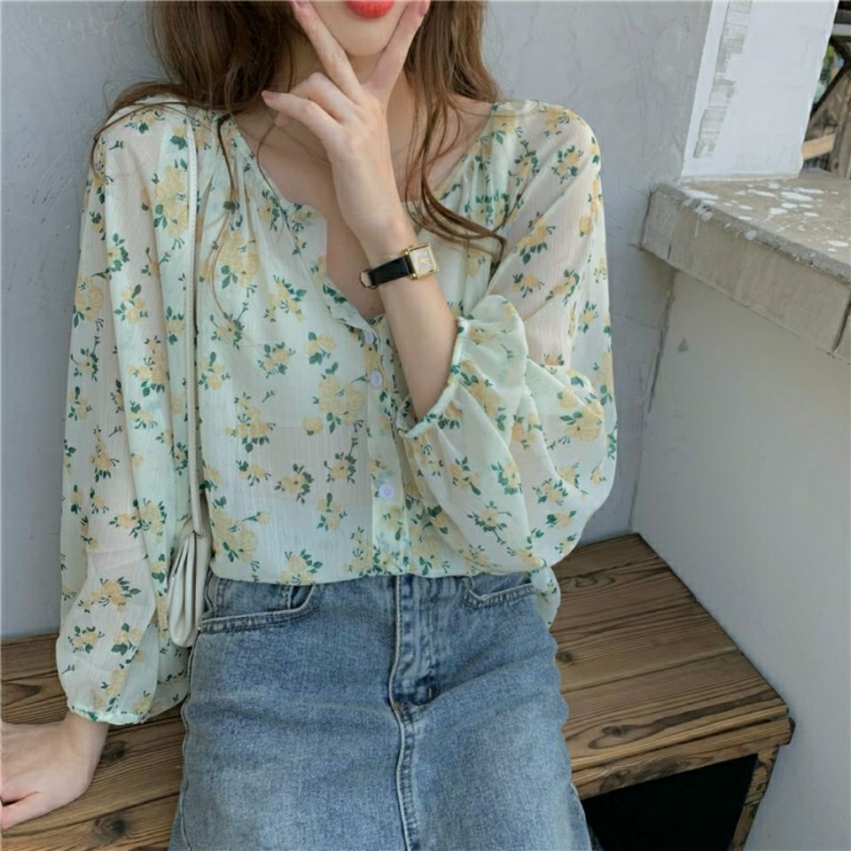 Áo Sơ Mi Voan Hoa Tay Dài Phong Cách Hàn Quốc 4179