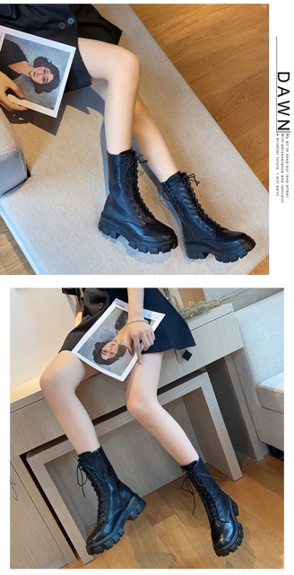 Boots Martin Ulzzang cổ ngắn đan dây đế răng cưa cao 6cm