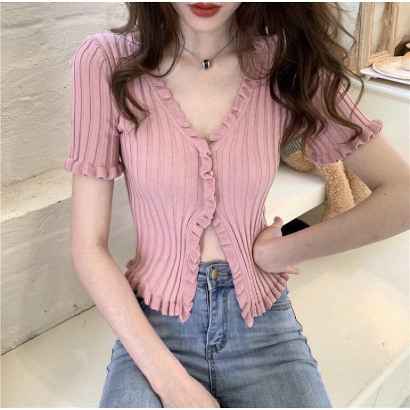 [Mã 11FASHIONSALE1 giảm 10K đơn 50K] Áo Croptop Viền Bèo Tay Ngắn Phối Cúc Ngọc AN10 | BigBuy360 - bigbuy360.vn