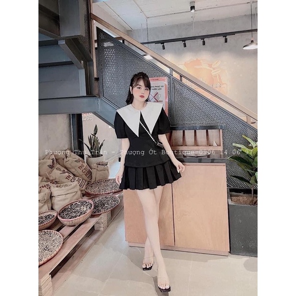 Áo Kiểu Đen Cổ Trắng Nhọn (Hàng QC Loại 1) Áo Kiểu Đen Chất Tuyết Đẹp