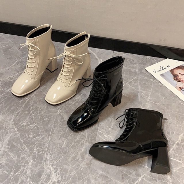 Boots nữ cổ ngắn đan dây đế cao 7cm da bóng