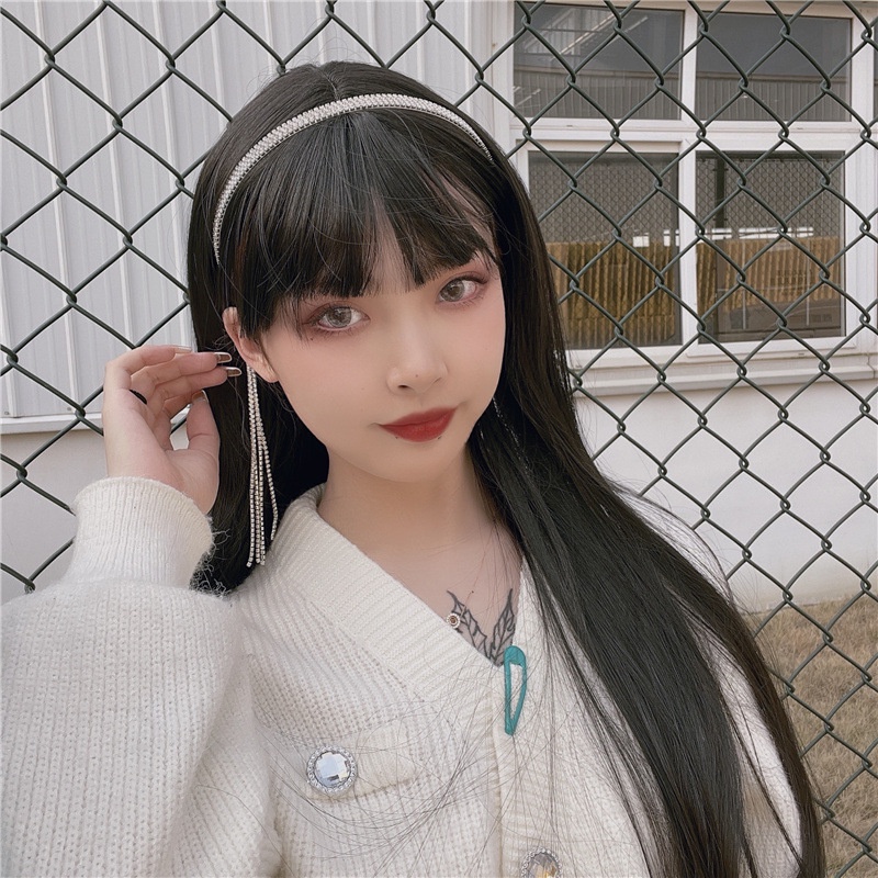 Tóc giả dài thẳng tay lửng phối tua rua pha lê có thể tháo rời cho nữ