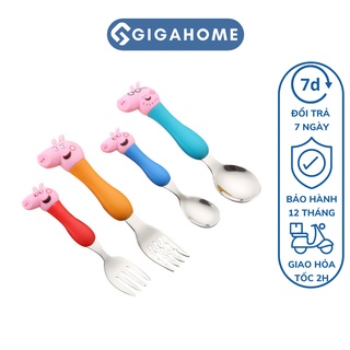 Bộ 4 Món Muỗng Nĩa Ăn Dặm Gia Đình Heo Cho Bé 1-5 Tuổi GIGAHOME An Toàn 9608