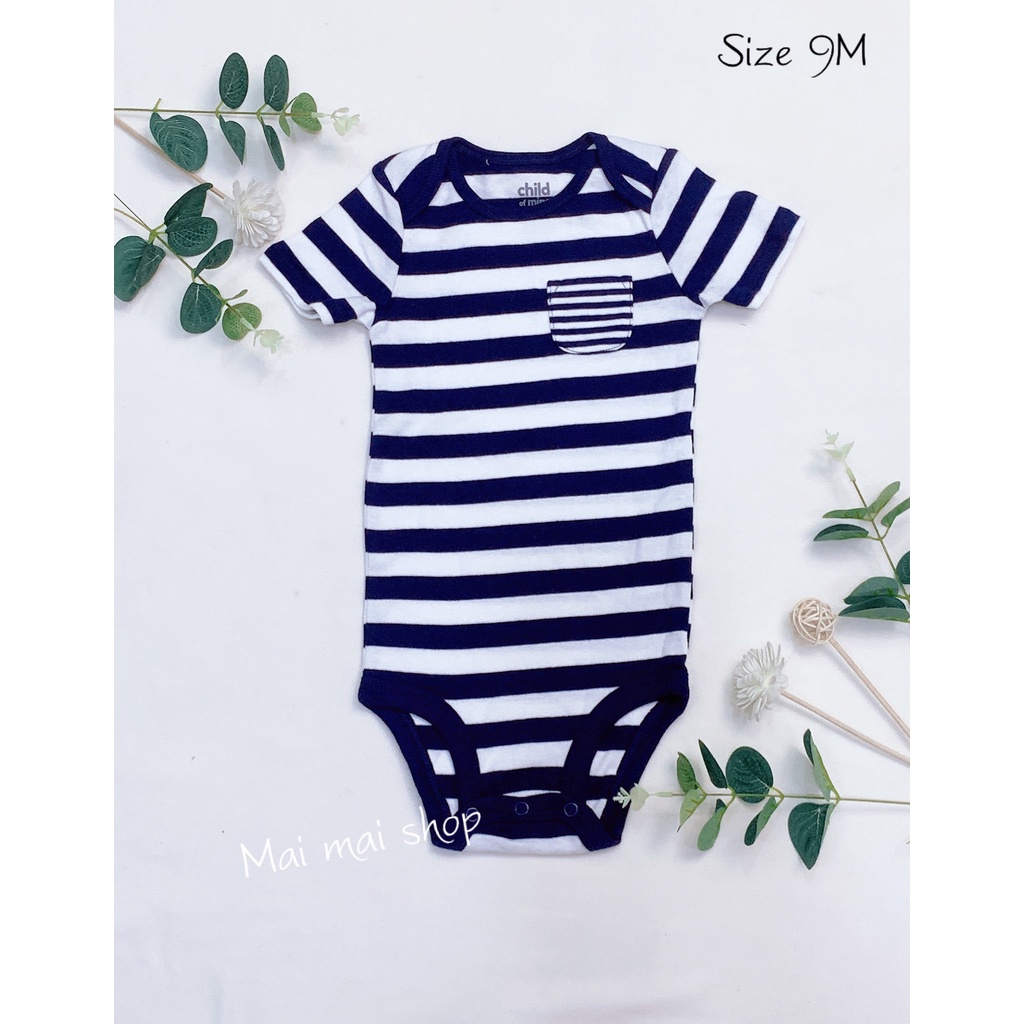 (6-9M chọn màu- Trai) Body chip TAY NGẮN xuất dư cổ tròn, cổ đáp chéo cho bé trai sz 6-9M- Bộ liền thân cho bé