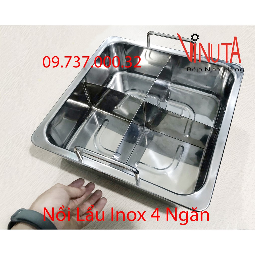 nồi lẩu inox 4 ngăn, Xoong nấu lẩu inox 4 đáy hình vuông dày