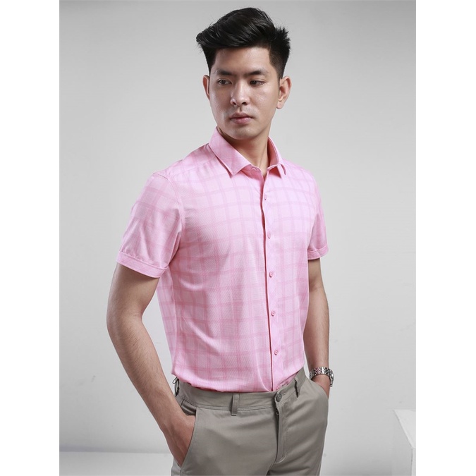 Áo sơ mi ARISTINO ngắn tay sợi tre  mềm mát ,kẻ hồng nổi bật-slim-tà lượn ASS061S8