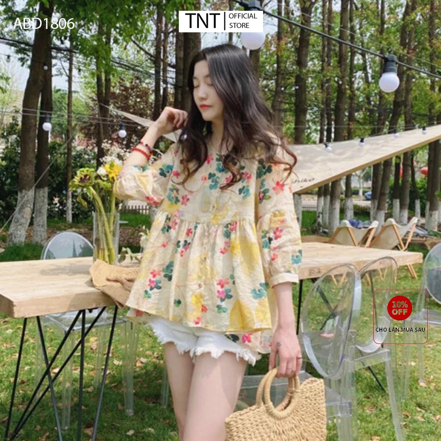 Áo babydoll hoa nhí tay lỡ TNT, Áo sơ mi nữ kiểu form rộng phong cách ulzzang freesize