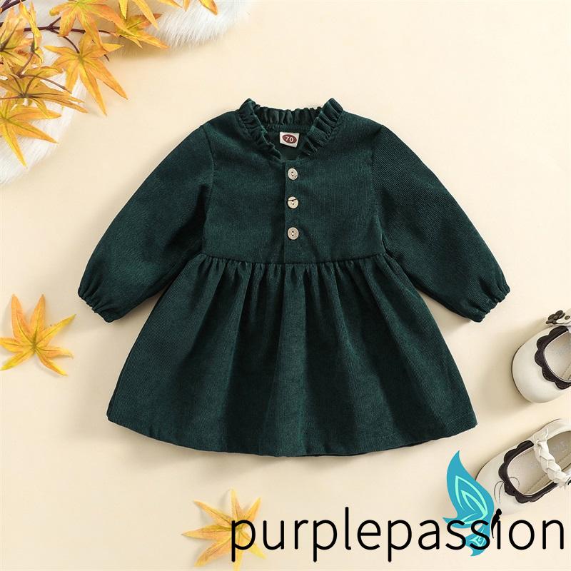 Đầm Nhung Dài Tay Dáng Chữ A Cổ Bèo Màu Trơn Cài Nút Thời Trang Mùa Thu Cho Bé Gái