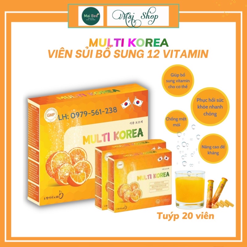 Viên sủi MULTI KOREA vị cam, bổ sung 12 vitamin, tăng sức đề kháng, thanh nhiệt mát gan, 1 hộp 5 tuýp (1 tuýp 20 viên)