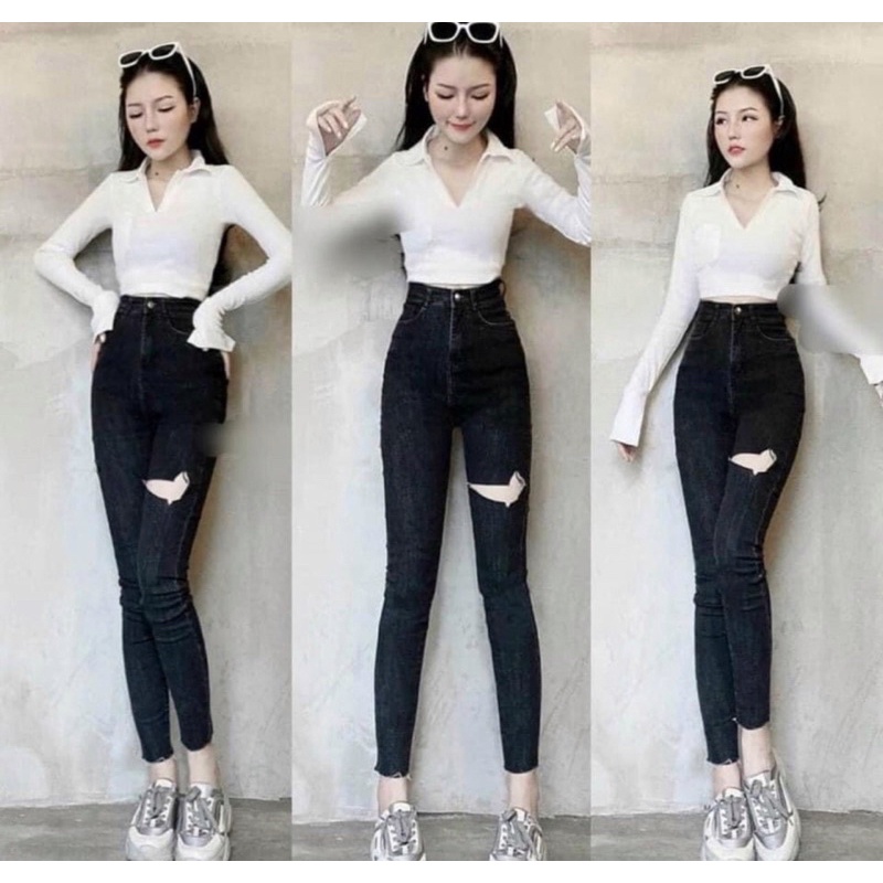 [Bigsize 32-36]  Quần Jean Skinny Màu Đen Rách Thời Trang, Jean Lưng Cao Qua Rốn-Co Giãn Mạnh