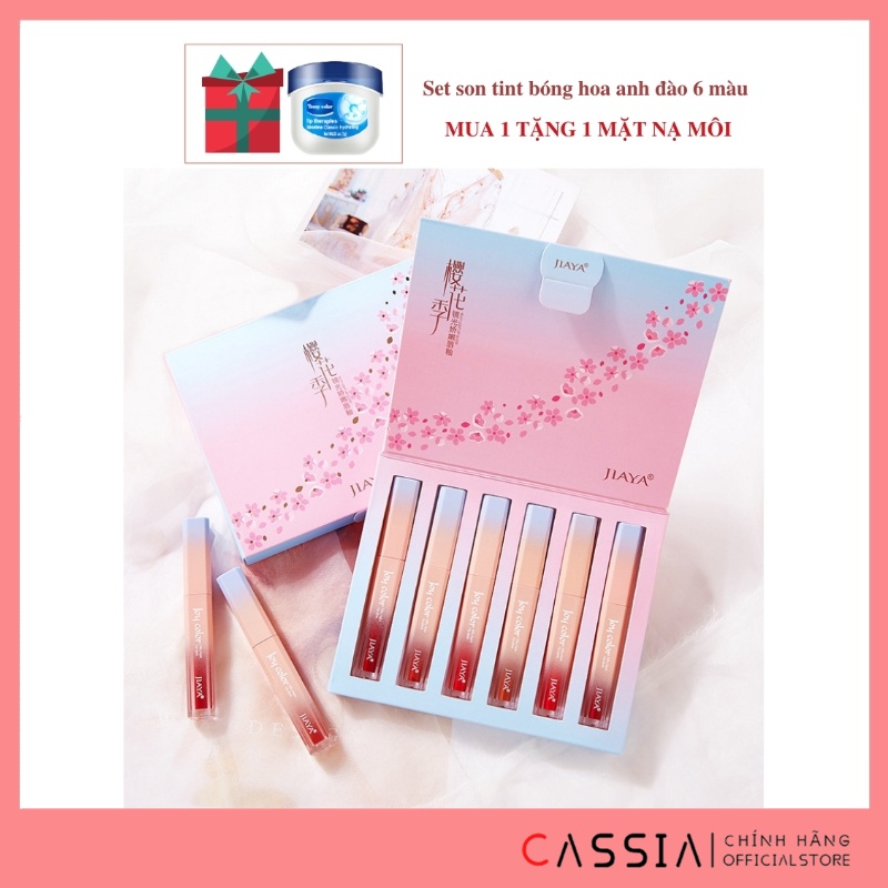 Set Son Kem Bóng 6 Màu Hoa Anh Đào, Son Tint Nội Địa Trung, Trong Suốt Lấp Lánh, Nhung Mịn Lâu Trôi, 1 Set 7 Cây JIAYA