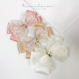 🎀 kẹp tóc nơ satin mix ren kết hoa đá tiểu thư -