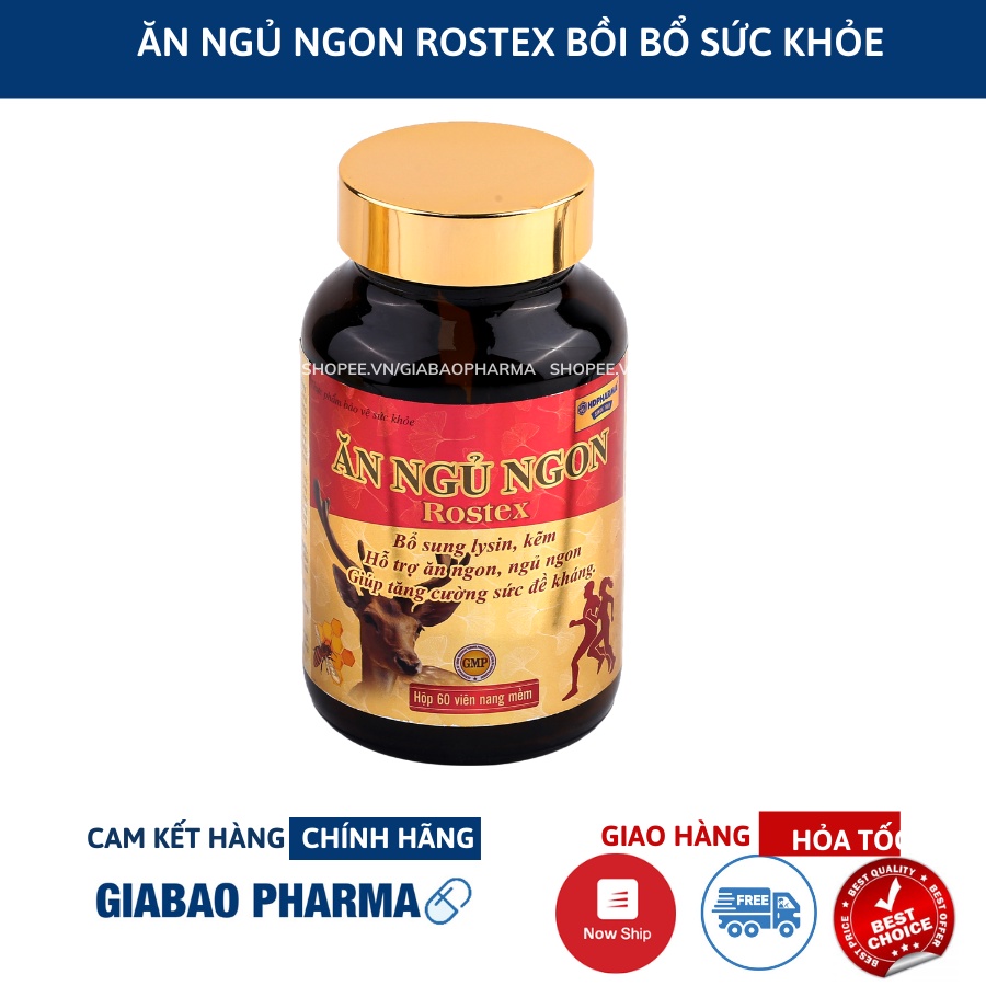 Viên Ăn Ngủ Ngon Rostex bổ sung omega 3, lysin, kẽm zinc giảm mất ngủ, ăn ngon, ngủ ngon, tăng cường sức khỏe- Chai 60 v