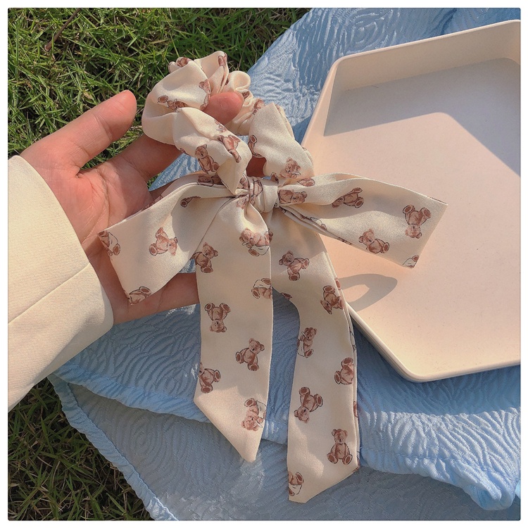 Dây buộc tóc phối nơ thắt nút họa tiết gấu Teddy dành cho nữ