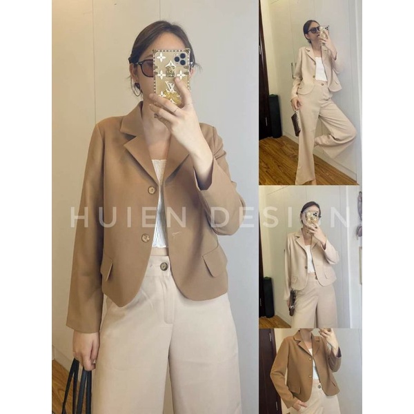 Áo Khoác Nữ Blazer Dáng Ngắn 2 Lớp Dài Tay Chất Liệu Tuyết Mưa Cao Cấp Đen/Be Đủ Size S-XL