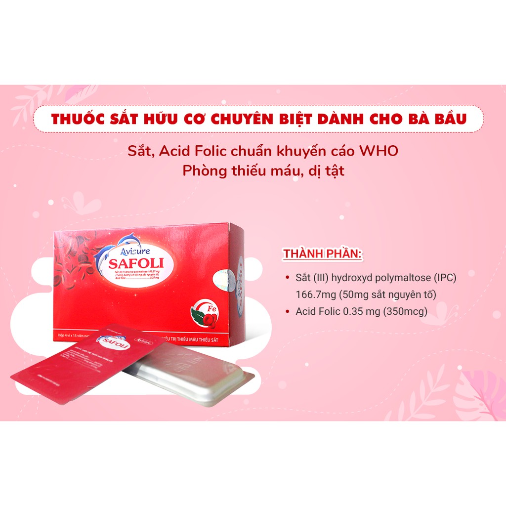 Sắt hữu cơ dành cho phụ nữ mang thai Avisure Safoli hộp 60 viên