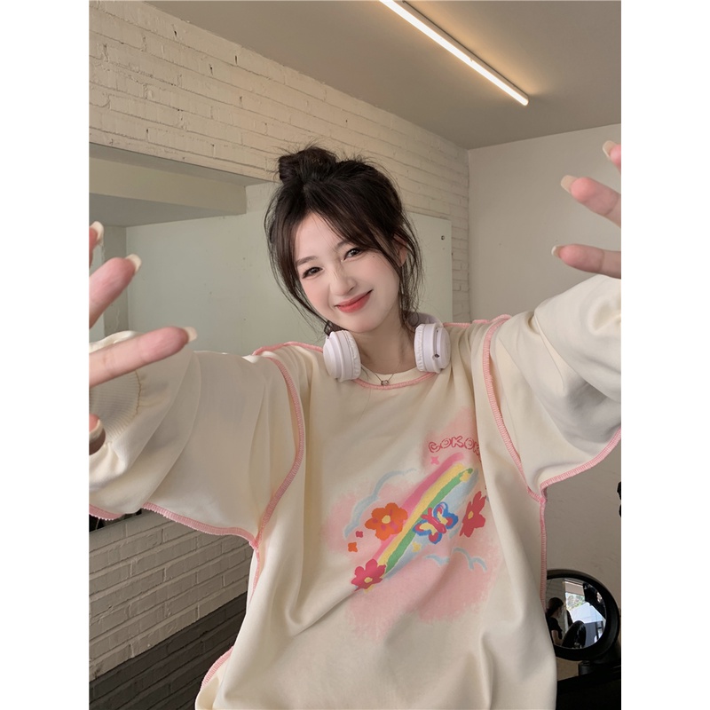 Áo Sweater Mỏng Tay Dài Cổ Tròn Dáng Rộng In Họa Tiết Thời Trang Retro Mỹ | BigBuy360 - bigbuy360.vn