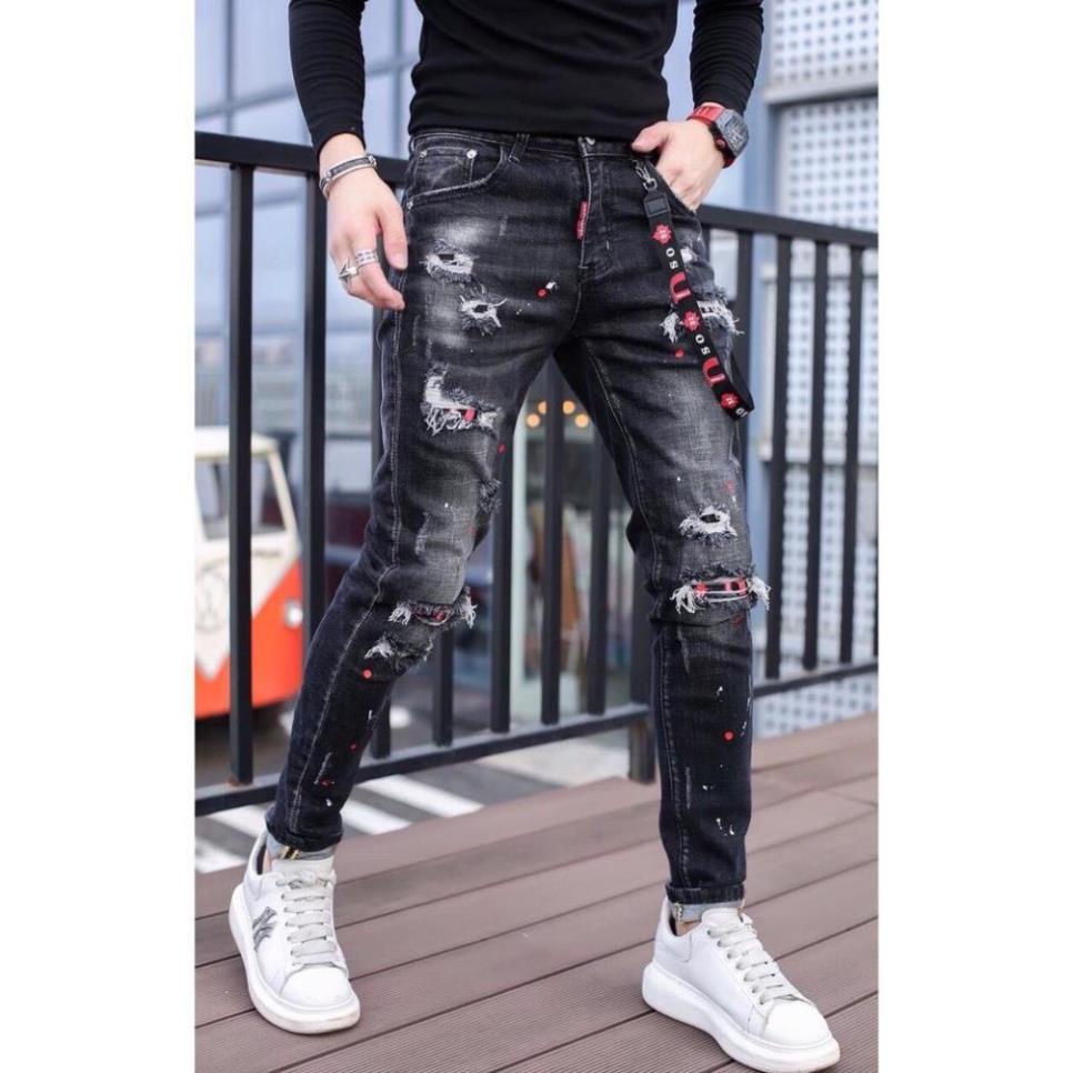 Quần jean vảy sơn rách bụi skinny dáng ôm nhẹ ống côn body quần jean nam co giãn Đẹp , "