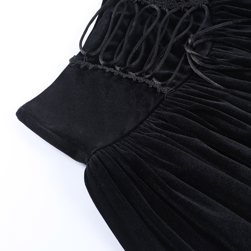 Chân Váy Chữ A Lưng Cao Màu Đen Phối Dây Rút Phong Cách Gothic