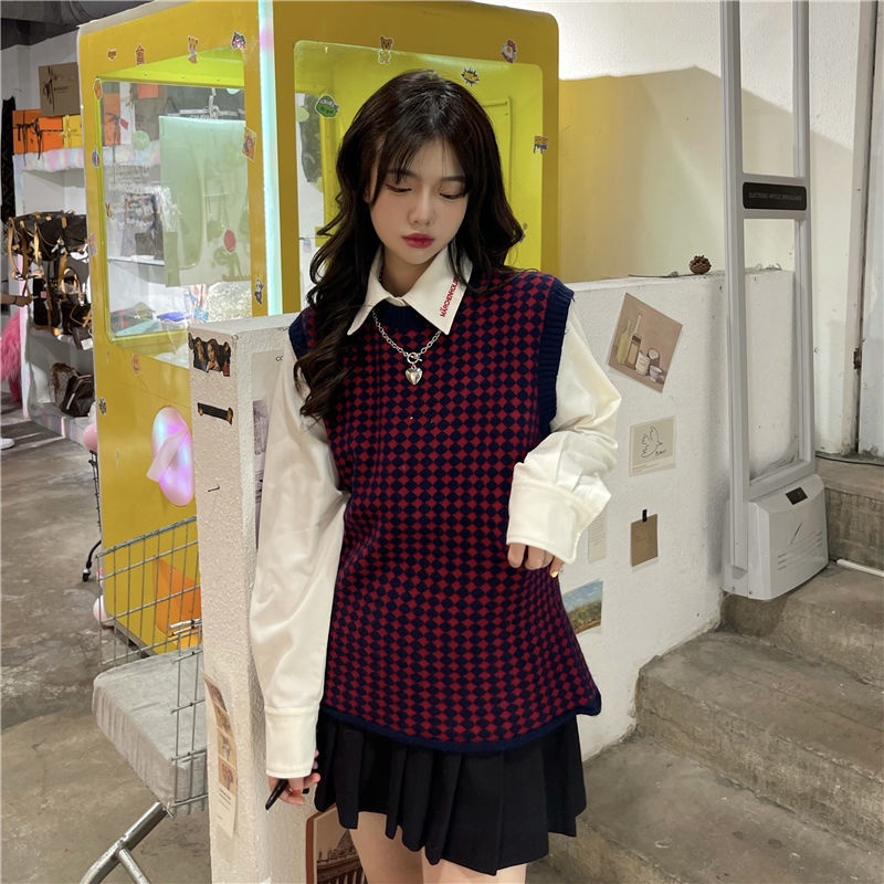 Áo dệt kim sát nách cổ tròn màu sắc tương phản thời trang mùa thu Hàn Quốc cho nữ