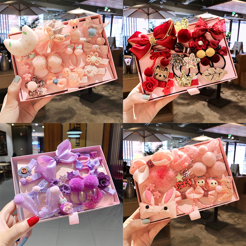 Set 18 phụ kiện tóc AY gồm kẹp tóc và dây buộc tóc trang trí nơ vương miện mẫu khác làm quà tặng Giáng Sinh cho bé gái