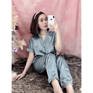 Đồ bộ phi lụa cổ tim viền ren - tay ngắn quần dài