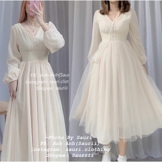 SẴN🖤Đầm công chúa kem ulzzang voan 3lớp cổ tích xoè cổ ngọc xinh xắn/Váy tiểu thư maxi dài bánh bèo du lịch kỉ yếu