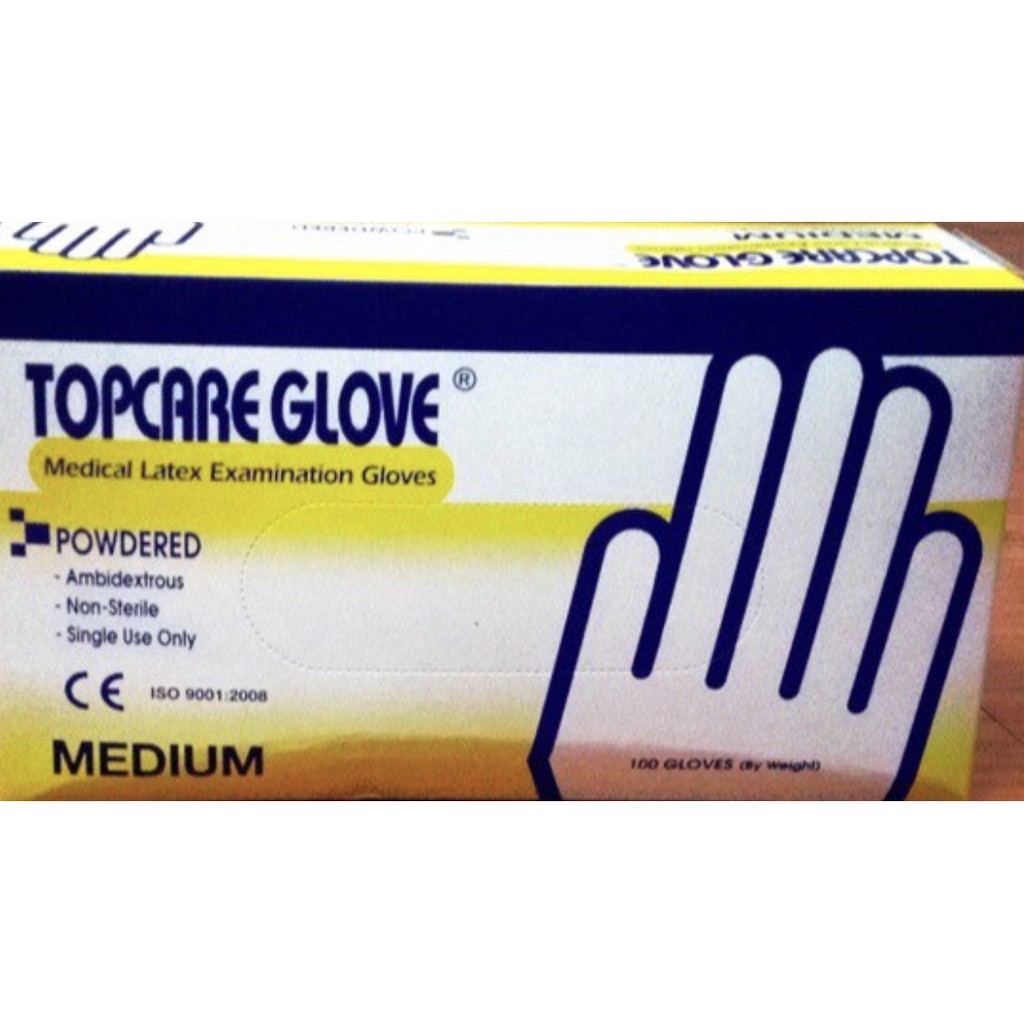 Găng tay y tế Topcare glove  "Chính hãng của Malaysia" Hộp 100 chiếc( 50 đôi). Mỏng và dai.