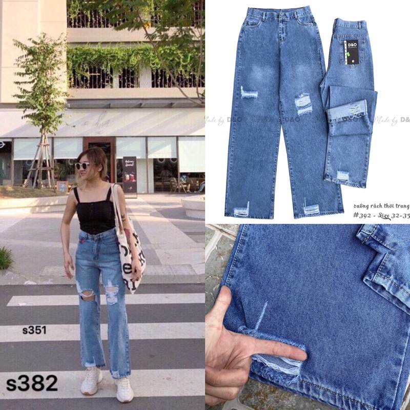 Quần Jeans Suông Cạp Cao Qua Rốn BigSize Dài 105cm /Ống Rộng Không Giãn - 5 MÀU