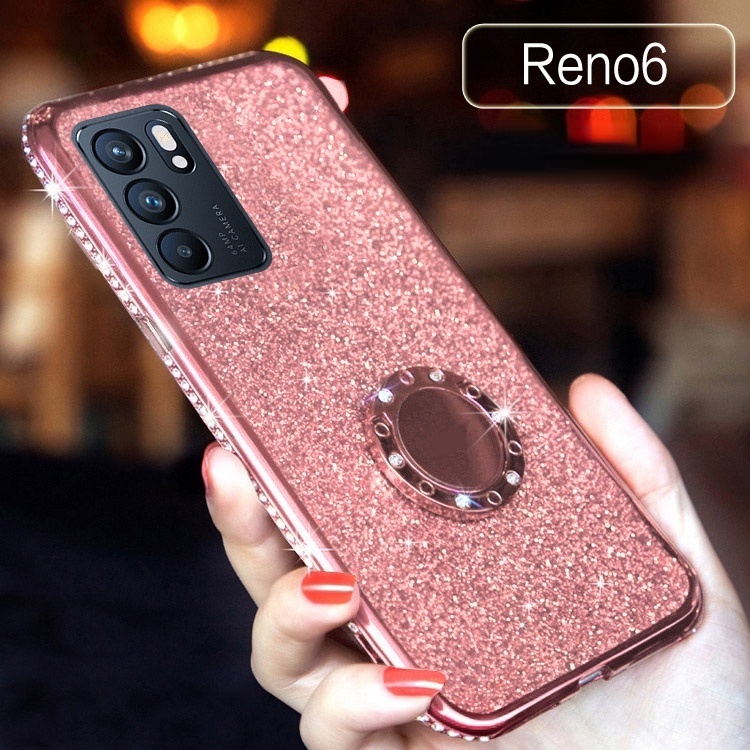 Ốp điện thoại silicon mềm chống rơi toàn diện có giá đỡ đính đá cho OPPO Reno 6 5g